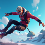 A Fortnite character performing a dynamic slide or dash in a futuristic setting, highlighting speed and agility.