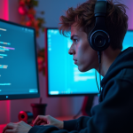 Seorang developer game muda sedang fokus di depan layar dengan kode dan grafis game di tahun 2025